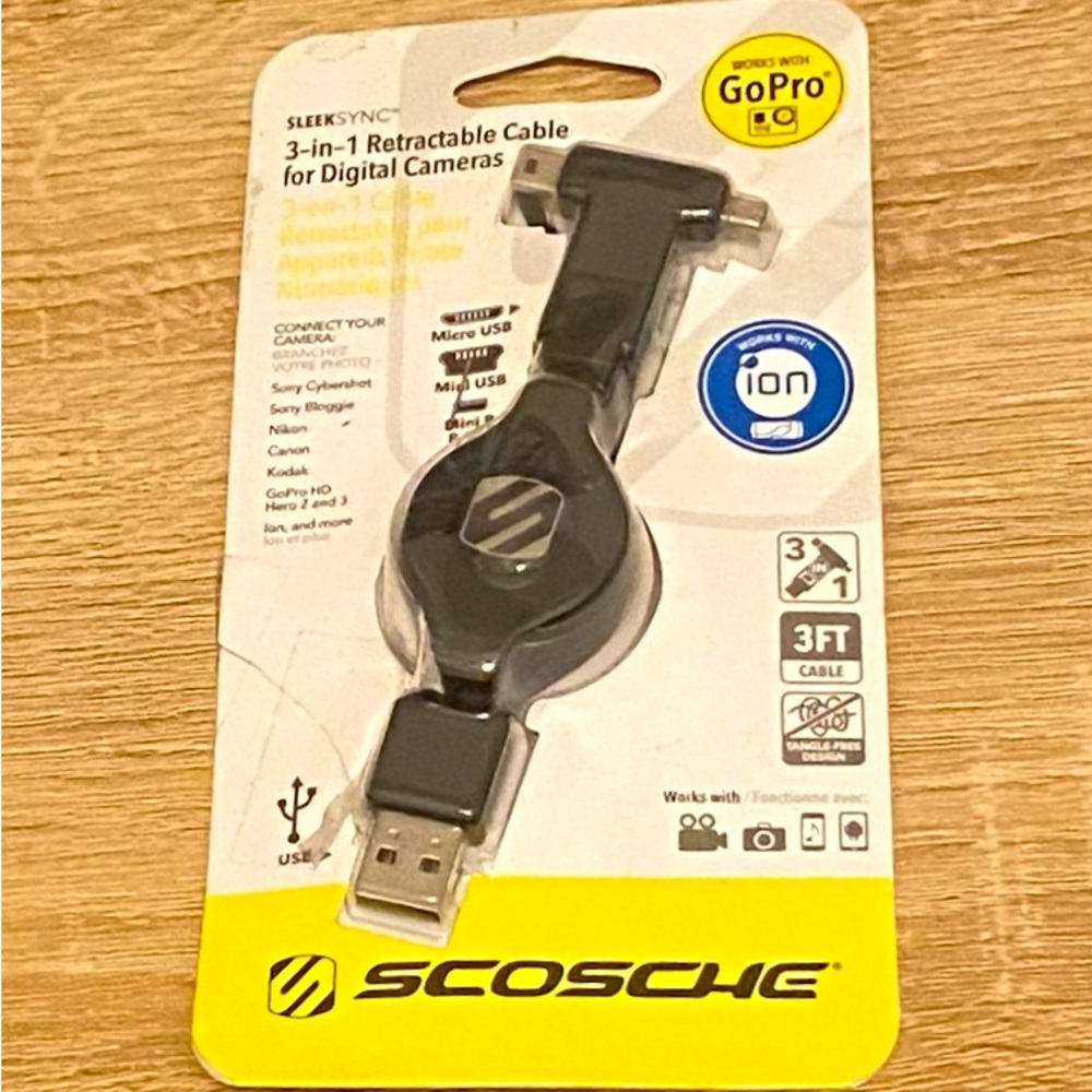 SCOSCHE Sleeksync 3-In-1 Retractable 3’ USB Cable Digital Camera Micro Mini 8p